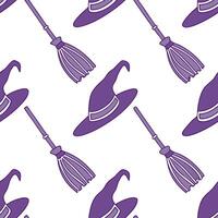 Flat Witch hats and broomsticks seamless tile pattern with mystical elements and purple tones for magical home decor concept as Mystical witch hats and broomsticks arranged seamles Clean Pro vector