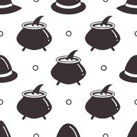 Flat Witches and cauldrons seamless tile pattern with magical elements and dark colors for enchanting Halloween decor concept as Magical witches and bubbling cauldrons arranged sea Clean Pro vector