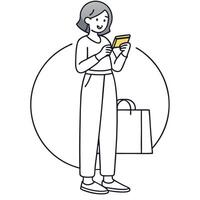 Flat Woman holding credit card and using smartphone for online payment symbolizes convenience and accessibility in digital shopping concept as Highlights seamless e commerce and d Clean Pro vector