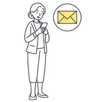 Flat Woman using smartphone with email icon highlights digital communication and workplace efficiency through email tools concept as Highlights workplace communication emphasizing Clean Pro vector