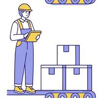 Flat Worker monitoring automated packaging line concept as A worker monitors an automated packaging line ensuring seamless operations and efficiency in product handling in Simple Clean Pro vector