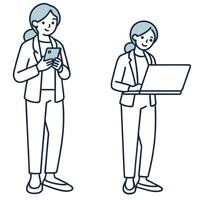Flat Woman reads online news on smartphone and laptop emphasizing accessibility information sharing and staying updated through digital platforms concept as Highlights the conveni Clean Pro vector