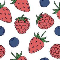 Fresh berries seamless tile pattern featuring strawberries blueberries and raspberries in vibrant colors concept as Strawberries blueberries and raspberries form a fresh colorful s Clean Pro vector