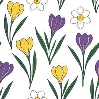 Fresh spring flower seamless pattern with crocuses and primroses for uplifting spaces concept as Uplifting crocuses and primroses in bright spring colors seamlessly patterned for f Clean Pro vector