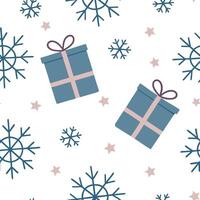 Frosty snowflake and holiday present seamless tile pattern with colorful gift elements concept as Colorful holiday presents paired with frosty snowflakes create a seamless tile pat Clean Pro vector