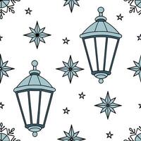 Frosty snowflake and ice lantern seamless tile pattern with shimmering winter accents concept as Shimmering ice lanterns paired with snowflakes create a frosty seamless tile patter Clean Pro vector