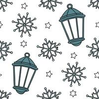 Frosty snowflake and lantern seamless tile pattern with glowing winter elements concept as Glowing winter lanterns paired with frosty snowflakes create a seamless tile pattern with Clean Pro 2 vector