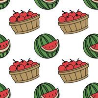 Fruit Basket concept as Design a seamless background featuring cartoon style fruit baskets filled with pomegranates and watermelons representing abundance during Yalda Night in P Clean Pro vector