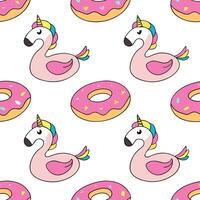 Fun inflatable pool float seamless tile pattern with flamingos unicorns and donut shapes concept as Inflatable pool floats in fun shapes like flamingos unicorns and donuts create a Clean Pro vector