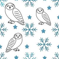 Frosty snowflake and snowy owl seamless tile pattern with winter wildlife elements concept as Snowflakes paired with snowy owls create a seamless tile pattern with winter wildlife Clean Pro vector