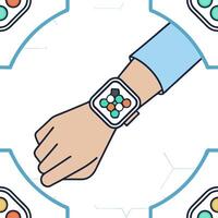Futuristic smartwatch interface being used simultaneously by a teenager and their elderly grandparent concept as Tight close up capturing the advanced smartwatch interface as both Clean Pro vector