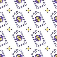 Glossy tiles with neon discount signs and currency symbols concept as A modern seamless tile pattern featuring glossy surfaces adorned with neon lit discount signs and vibrant curr Clean Pro vector