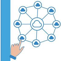 Hand interacting with interconnected cloud service icons to depict cloud integration and seamless digital connectivity in IT infrastructure concept as Visual of a hand interacting Clean Pro vector
