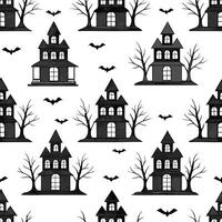Haunted houses seamless tile pattern with eerie mansions and spooky windows for haunted home decor concept as Eerie haunted mansions and spooky windows arranged seamlessly for haun Clean Pro vector