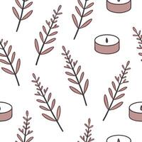 Heather and candles seamless pattern warm isolated white background ideal for cozy textiles branding packaging concept as Warm heather and candles seamless pattern on a white backg Clean Pro vector