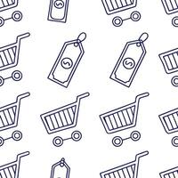Minimalist illustrations of shopping carts dollar bills and discount tags arranged in a repeating tile with a white background representing consumerism and spending concept as A s Clean Pro vector