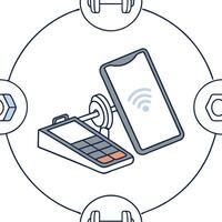 Mobile payment at a fitness center concept as High resolution image of mobile payment at a fitness center with a glossy backdrop showcasing the seamless and efficient transaction p Clean Pro vector