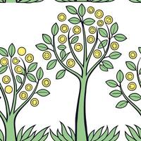 Money tree forest concept as Wide shot of a seamless tile pattern featuring stylized money trees with coin leaves and dollar bill trunks Camera slowly pans across the whimsical fo Clean Pro vector