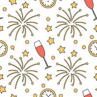 New Year celebration seamless tile pattern with fireworks champagne glasses and festive countdown vibes concept as Fireworks champagne glasses clocks and glittering gold create a s Clean Pro vector