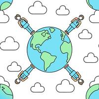 People with Earth and Business Process Diagrams concept as A group of people analyzing business process diagrams with an earth model set against a fantastical background offering a Clean Pro 2 vector
