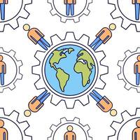 People with Earth and Business Process Audits concept as A group of people auditing business processes with an earth model set against a fantastical background offering ample space Clean Pro vector