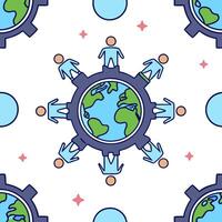People with Earth and Business Process Reviews concept as A group of people reviewing business processes with an earth model set against a dreamy background offering ample space fo Clean Pro vector