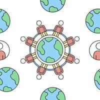 People with Earth and Business Process Solutions concept as A group of people discussing business process solutions with an earth model set against a fantastical background offerin Clean Pro vector