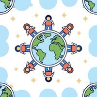 People with Earth and Business Process Diagrams concept as A group of people analyzing business process diagrams with an earth model set against a fantastical background offering a Clean Pro vector