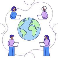 People with Earth and Business Process Reviews concept as A group of people reviewing business processes with an earth model set against a dreamy background offering ample space fo Clean Pro 3 vector