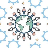 People with Earth and Business Process Overviews concept as A group of people discussing business process overviews with an earth model set against a whimsical background offering Clean Pro vector