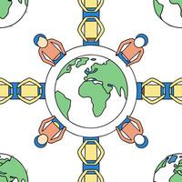 People with Earth and Business Process Planning concept as A group of people planning business processes with an earth model set against a dreamy background offering ample space fo Clean Pro vector