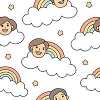 People with Floating Clouds and Joyful Faces concept as A group of people enjoying floating clouds with joyful faces set against a dreamy background offering ample space for text o Clean Pro 2 vector