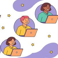 People with Floating Conference Tools and Joyful Faces concept as A group of people using floating conference tools with joyful faces set against a fantastical background offering Clean Pro 2 vector