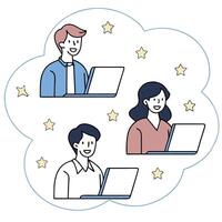 People with Floating Distribution Charts and Joyful Faces concept as A group of people using floating distribution charts with joyful faces set against a dreamy background offering Clean Pro vector