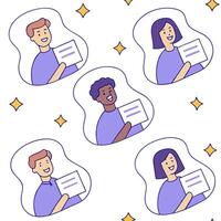 People with Floating Job Fair Invitations and Joyful Faces concept as A group of people holding floating job fair invitations with joyful faces set against a dreamy background offe Clean Pro vector