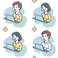 People with Floating Keyboards and Joyful Faces concept as A group of people using floating keyboards with joyful faces set against a dreamy background offering ample space for tex Clean Pro vector