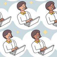 People with Floating Keyboards and Joyful Faces concept as A group of people using floating keyboards with joyful faces set against a dreamy background offering ample space for tex Clean Pro 2 vector