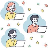 People with Floating Meeting Notes and Joyful Faces concept as A group of people using floating meeting notes with joyful faces set against a dreamy background offering ample space Clean Pro vector