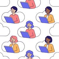 People with Floating Meeting Tools and Joyful Expressions concept as A group of people using floating meeting tools with joyful expressions set against a whimsical background offer Clean Pro vector