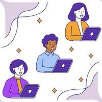 People with Floating Meeting Devices and Happy Expressions concept as A group of people using floating meeting devices with happy expressions set against a fantastical background o Clean Pro vector