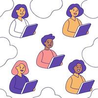 People with Floating Notepads and Joyful Faces concept as A group of people using floating notepads with joyful faces set against a dreamy background offering ample space for text Clean Pro vector