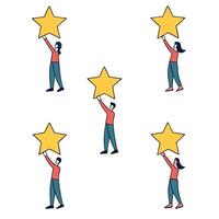 People with Floating Performance Reviews and Joyful Expressions concept as A group of people holding floating performance reviews with joyful expressions set against a dreamy backg Clean Pro vector