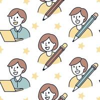 People with Floating Pens and Joyful Faces concept as A group of people using floating pens with joyful faces set against a whimsical background offering ample space for text or gr Clean Pro vector