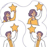People with Floating Performance Reviews and Joyful Expressions concept as A group of people holding floating performance reviews with joyful expressions set against a dreamy backg Clean Pro 2 vector