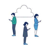People with Watercolor Business Networking and Smartphones concept as A group of people engaged in watercolor business networking with smartphones set against a dreamy background o Clean Pro vector