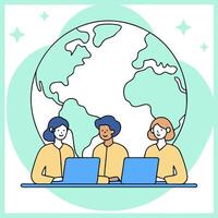 People with Watercolor Earth and Digital Service Solutions concept as A group of people discussing digital service solutions with a watercolor earth model set against a dreamy back Clean Pro 2 vector