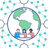 People with Watercolor Earth and Digital Service Solutions concept as A group of people discussing digital service solutions with a watercolor earth model set against a dreamy back Clean Pro vector