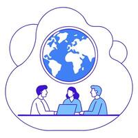 People with Watercolor Earth and Digital Service Solutions concept as A group of people discussing digital service solutions with a watercolor earth model set against a dreamy back Clean Pro 3 vector