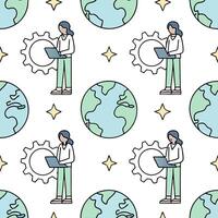 People with Watercolor Earth and Service Mind Projects concept as A group of people developing service mind projects with a watercolor earth model set against a dreamy background o Clean Pro 3 vector
