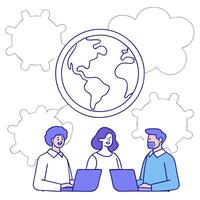 People with Watercolor Earth and Service Mind Projects concept as A group of people developing service mind projects with a watercolor earth model set against a dreamy background o Clean Pro vector